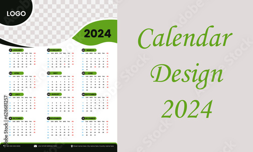 Calendar design for 2024 new year. unique design with customized shapes and green color.