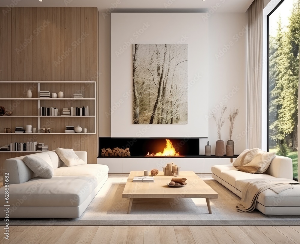 Fototapeta premium White and wood-dominated living room with fireplace.