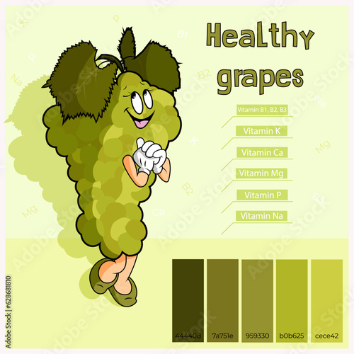 Fruits. Grapes are tasty and healthy. Green color with arms and legs. Groovy style. Mascot. Vitamin B1, B2, B3, K, Ca, Mg, P, Na. Proper nutrition. Baby food.
