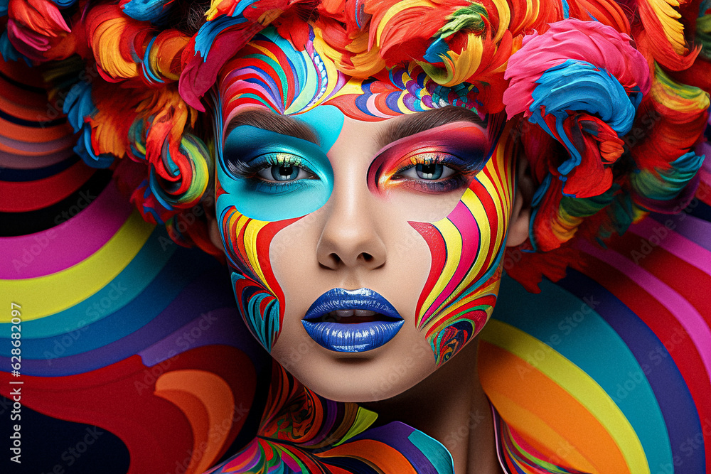 A very bright portrait with bold, multi-coloured bright make-up in the style of flowers and ornaments. Fashion portrait.. ai generation A very bright portrait with bold, multi-coloured bright make-up in the style of flowers and ornaments. Fashion portrait.. ai generation
