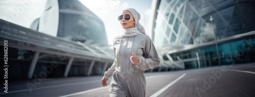 attractive woman in tracksuit running wearing turban or hijab head scarf for diversity and middle east healthy lifestyle concepts as wide banner with copy space area - Generative AI