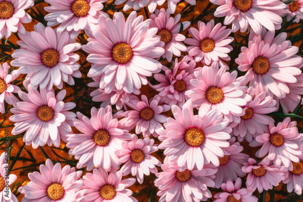 Aerial view of daisies in white and pink style on green grass. Aerial view of daisies in white and pink style on green grass.