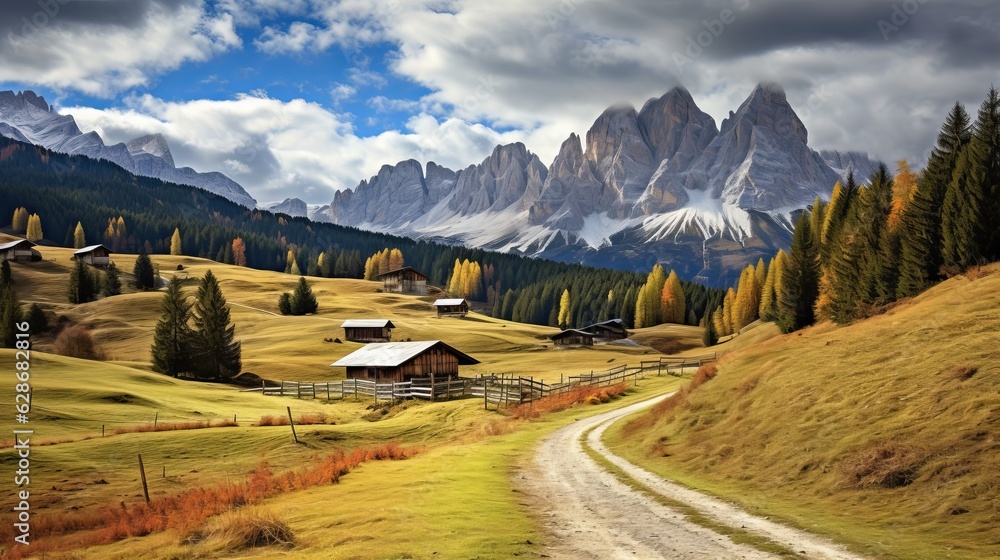 Alpine meadows with barns in Autumn, Dolomites, Italy Generative AI Alpine meadows with barns in Autumn, Dolomites, Italy Generative AI