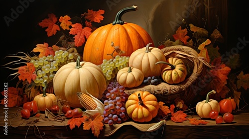 Thanksgiving pumpkins with fruits and falling leaves Generative AI