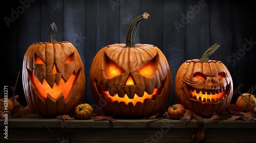 Three halloween Jack O' Lantern pumpkins Generative AI