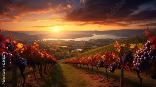 Vineyard at sunset in autumn harvest. Generative AI