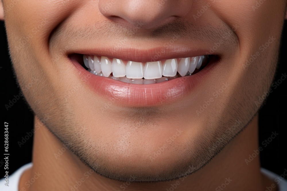 Perfectly white healthy teeth of a smiling man close-up. Portrait with selective focus and copy space Perfectly white healthy teeth of a smiling man close-up. Portrait with selective focus and copy space
