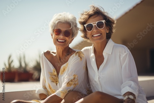 Two happy women spend time together on vacation. Portrait with selective focus