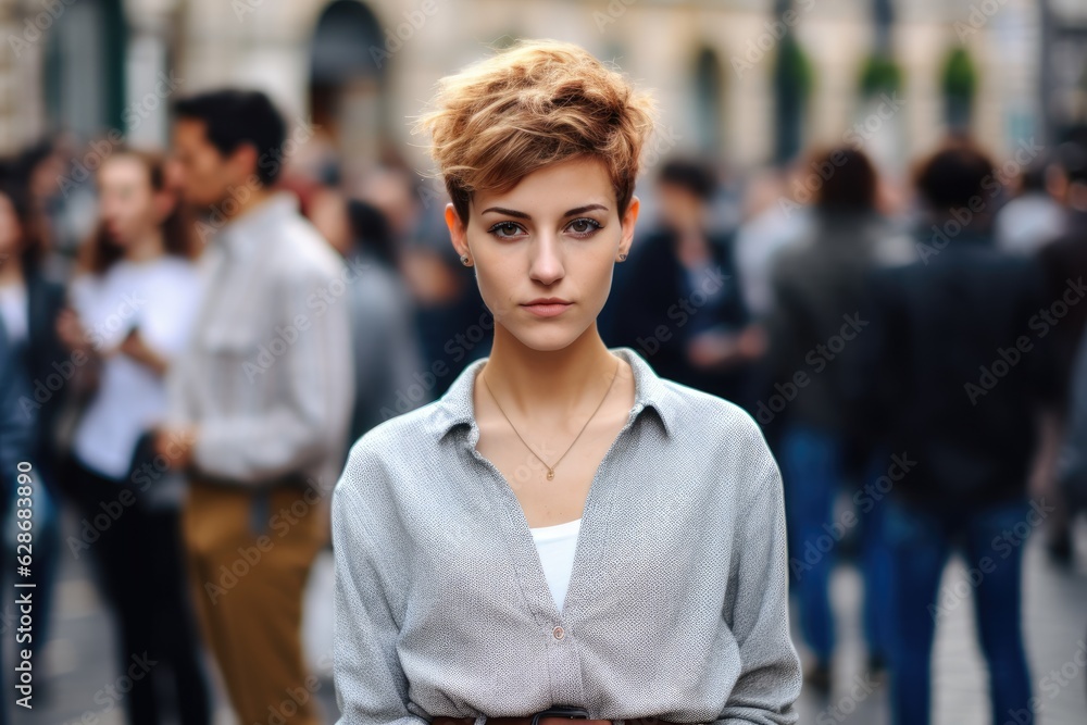 Serious attractive young woman posing in a crowded sidewalk Serious attractive young woman posing in a crowded sidewalk