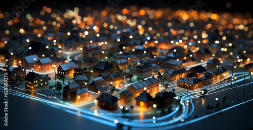 Displaying houses interconnected with an advanced energy system. Ideal for discussions related to energy efficiency, IoT in home automation, and green technology advancements. (Generated with AI)