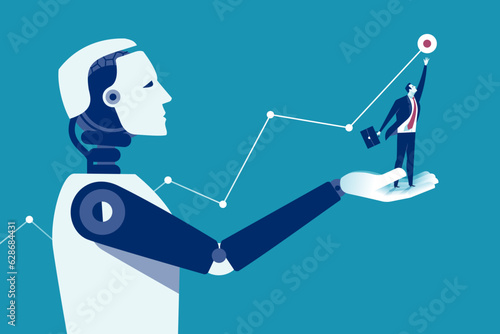 Artificial intelligence helps human to achieve a target, goal. Vector illustration.