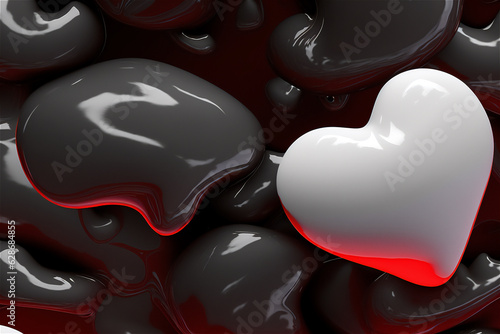 black, white, and red heart shaped art prints, smooth and shiny, close-up, dark white, curvilinear forms, love and romance photo