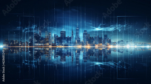 Connected city in blue night lights, with each building intricately linked through an energy network. smart cities, energy efficiency, and future technology. urban sustainability (Generated with AI)