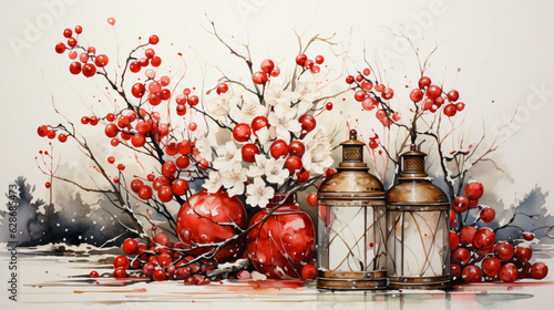 christmas deocration arrangement in watercolor clipart design in vintage style