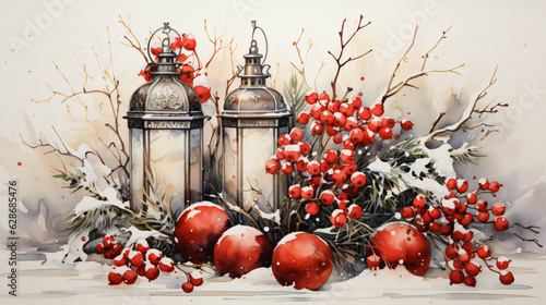 christmas deocration arrangement in watercolor clipart design in vintage style