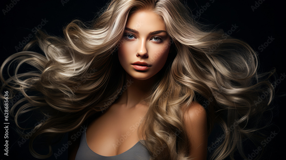 Beautiful blonde girl with very long well-groomed smooth hair. Develop. Advertisement for hairdresser, beauty salon, hair banner. AI generation Beautiful blonde girl with very long well-groomed smooth hair. Develop. Advertisement for hairdresser, beauty salon, hair banner. AI generation