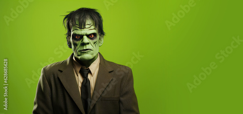 Adult Man Dressed as Frankenstein for Halloween on a Green Banner with Space for Copy