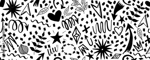 Cute simple pattern with different hand painted elements. Vector seamless template background. Monochrome memphis style illustration.