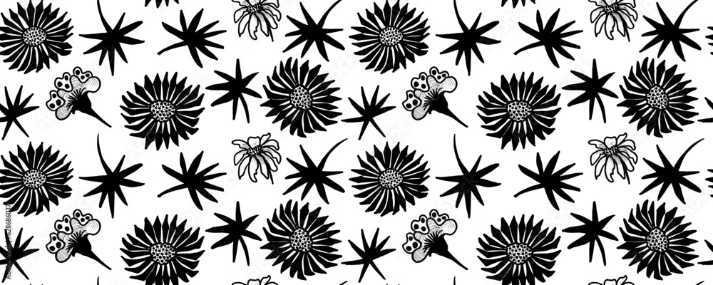 Seamless pattern of a tropical artwork, with hand drawn elements perfect for fashion and decoration