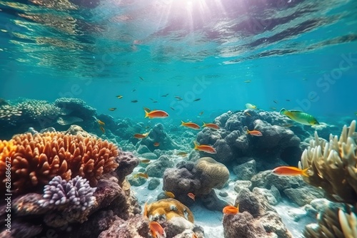 Fish swimming in coral reef under deep blue sea and amazing view of undersea.