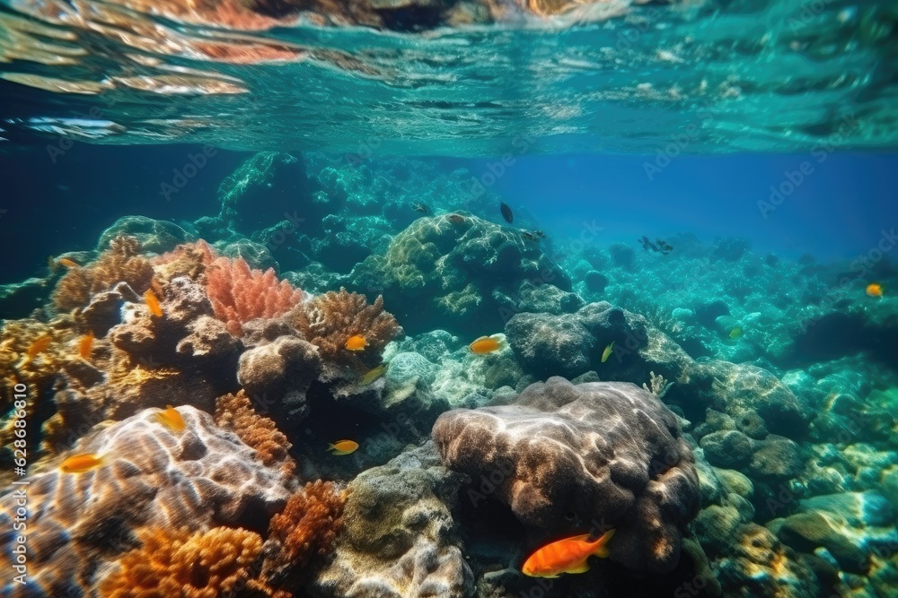 Fish swimming in coral reef under deep blue sea and amazing view of undersea. Fish swimming in coral reef under deep blue sea and amazing view of undersea.