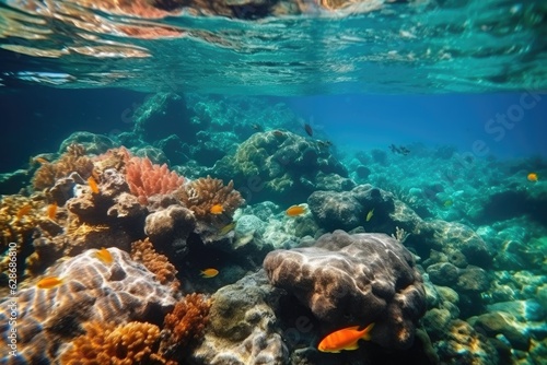 Fish swimming in coral reef under deep blue sea and amazing view of undersea.