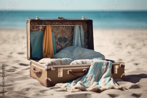 A picture describing the suitcase and its contents, arranged in the style of going on vacation.