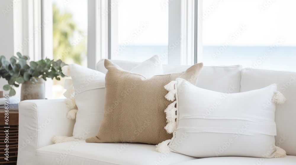 Cropped view of pillows and blanket on modern soft sofa in living room. House after renovation. Relax concept. Home comfort. Apartment interior details. Hotel room Cropped view of pillows and blanket on modern soft sofa in living room. House after renovation. Relax concept. Home comfort. Apartment interior details. Hotel room