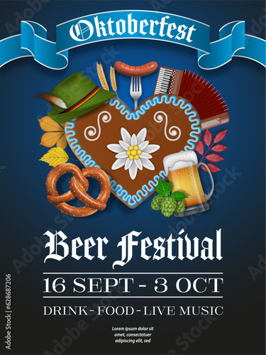 oktoberfest flyer with heart shaped gingerbread cookie with beer mugs, pretzel and other elements. october german beer festival poster