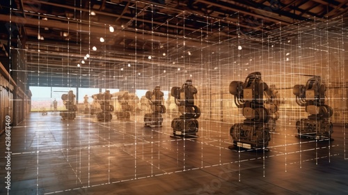 Photograph that gives information about collecting and organizing information about the products in the warehouse using robot technology.