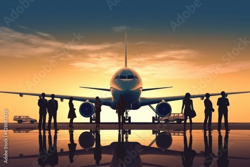 Photograph depicting a group of people in the style of silhouette figures standing in front of an airplane.