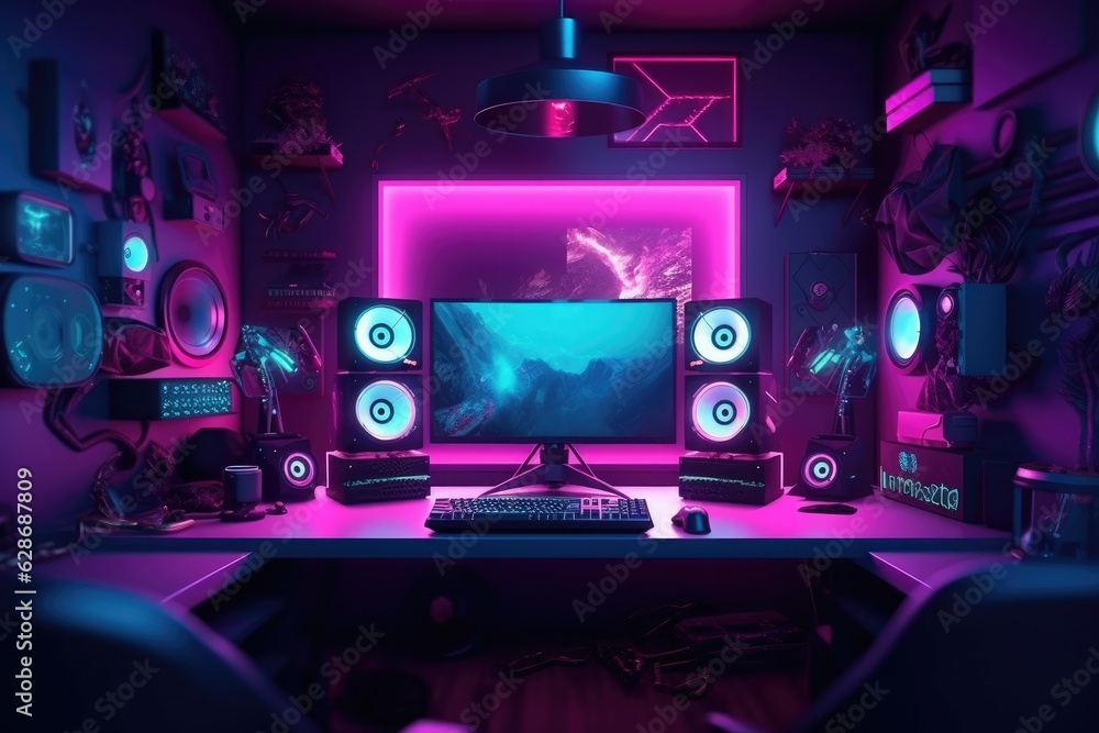 The plan describing the game room concept with neon lights and gaming computers in the background in a dark room at night. The plan describing the game room concept with neon lights and gaming computers in the background in a dark room at night.
