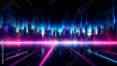 visualization illuminated by neon light. Glowing geometric shape  futuristic sci-fi shape of neon light on black background and reflective concrete with empty space for text. ai generation