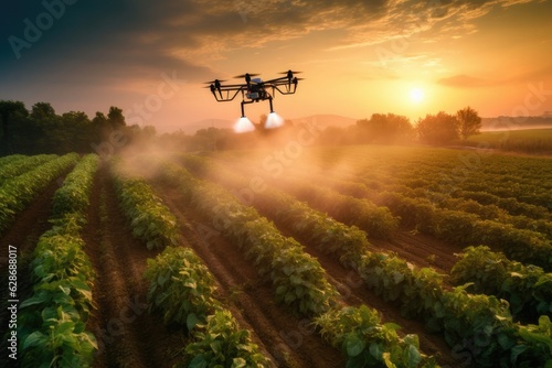 Technological development photo describing the method of spraying agricultural lands using drone technology.