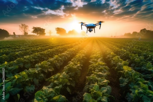 Technological development photo describing the method of spraying agricultural lands using drone technology.