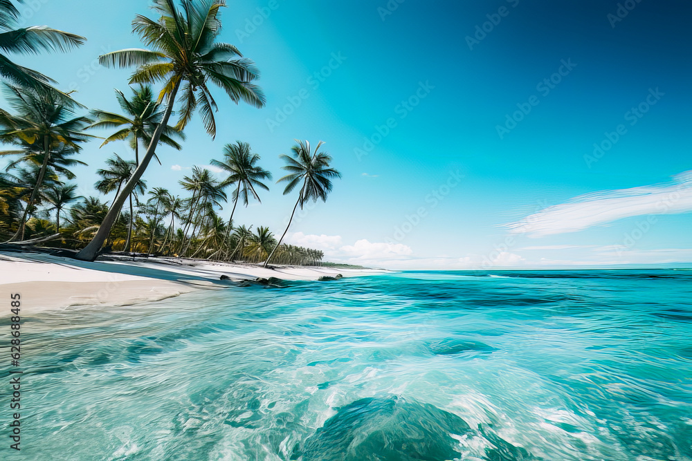 beach with palm trees and blue water, tropical island, beautiful in the world wallpaper, landscape and background. ai generation