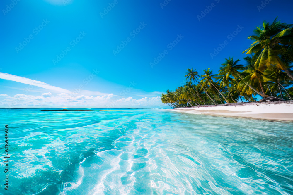 Fototapeta premium beach with palm trees and blue water, tropical island, beautiful in the world wallpaper, landscape and background. ai generation