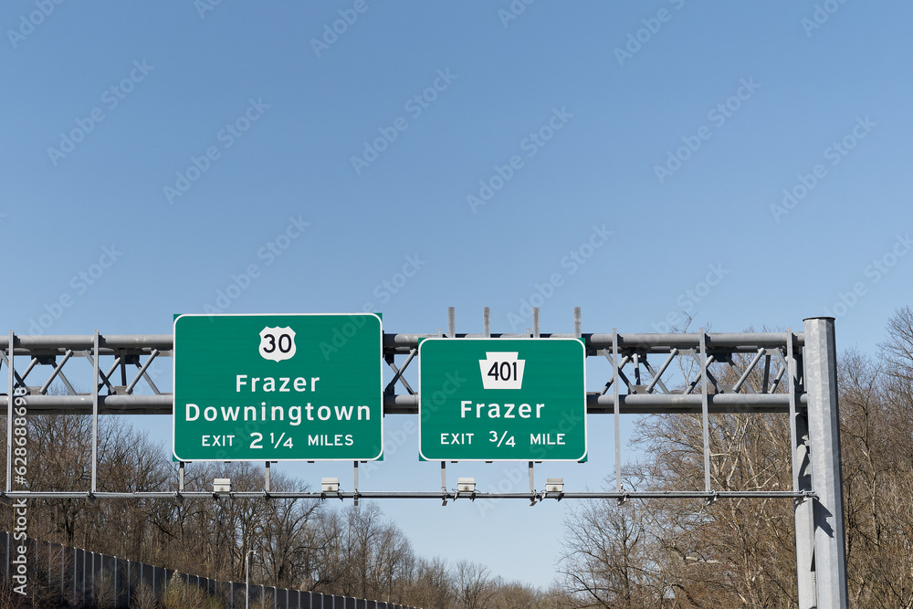 exit signs in Malvern, Pennsylvania on US202 South for PA 401 Frazer, and US 30 for Frazer and Downingtown