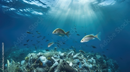 Fish and plastic pollution. Envrionmental problem - plastics contaminate seafood