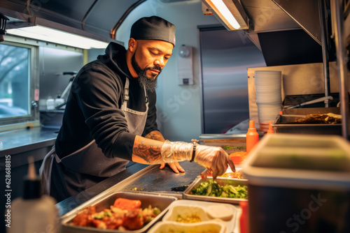 Urban food truck entrepreneur passionately assembling mouth-watering street cuisine, authenticity in his mobile kitchen photo
