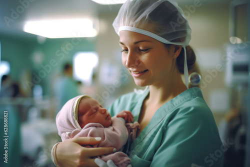 Nurse cradling a day-old infant, newborn baby, displaying genuine emotions of nurture and care. Tender healthcare moment captured in a modern hospital setting photo