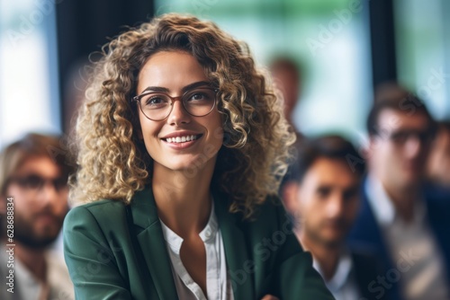 Dynamic young professional woman leading a compelling boardroom presentation, radiating confidence and success in a corporate environment