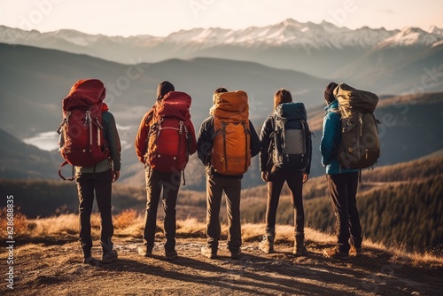 Young adventurers hiking across an idyllic mountain terrain, encapsulating the joy of outdoor exploration, unity and the thrill of wanderlust, viewed from behind