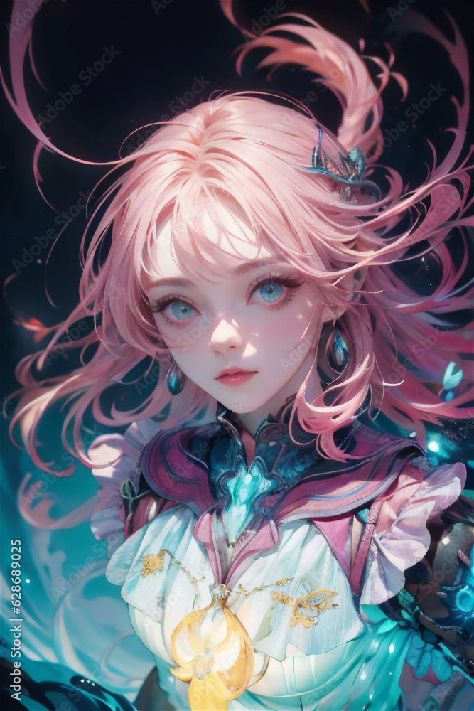 Fototapeta premium Black and Pink beautiful girl with blue lights ornament background background. Anime girl in fantasy world.