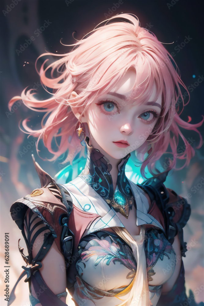 Black and Pink beautiful girl with blue lights ornament background background. Anime girl in fantasy world. Black and Pink beautiful girl with blue lights ornament background background. Anime girl in fantasy world.
