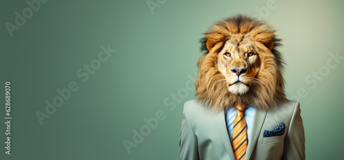 Lion in smart business suit and tie, looking serious businessman. Wide banner with copy space on side. Generative AI © Lubo Ivanko