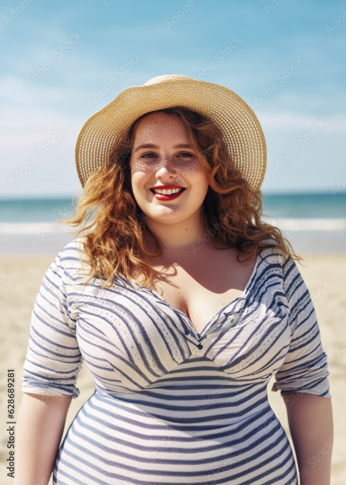 Plus sized young woman in summer dress and hat, walking on a beach sunny day, confident smile - body positivity concept. Generative AI