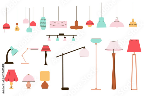 Set of lamp. Vector collection of floor lamp table lamp ceiling lamp. Vector cartoon set.