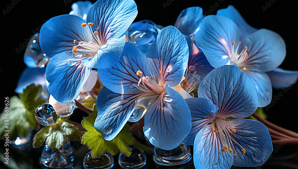 Closeup of blue geraniums on dark background. AI generated
