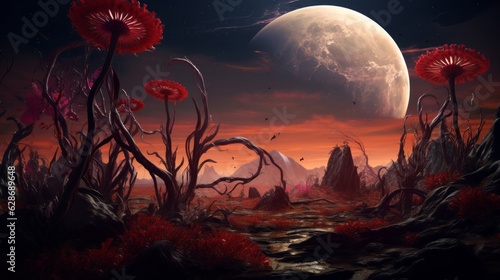 Red fantasy outland landscape with full moon, trees, mountains and mushrooms,  abstract painting illustration  (Generative Ai)